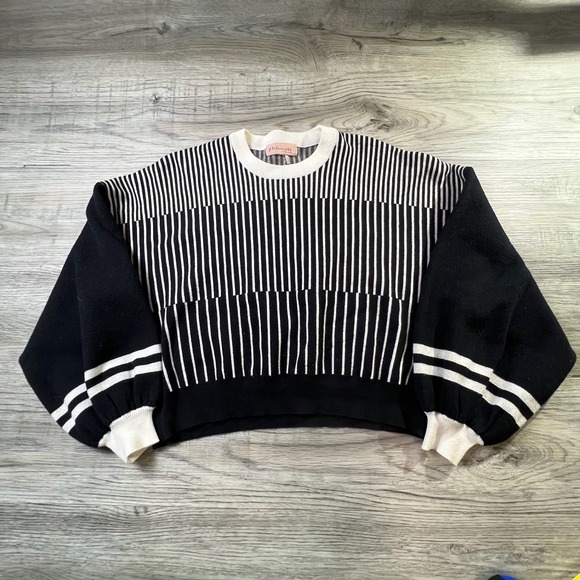 Philosophy Republic Clothing Sweaters - Philosophy Sweater Women XL Black White Striped Balloon Sleeve Geometric Knit